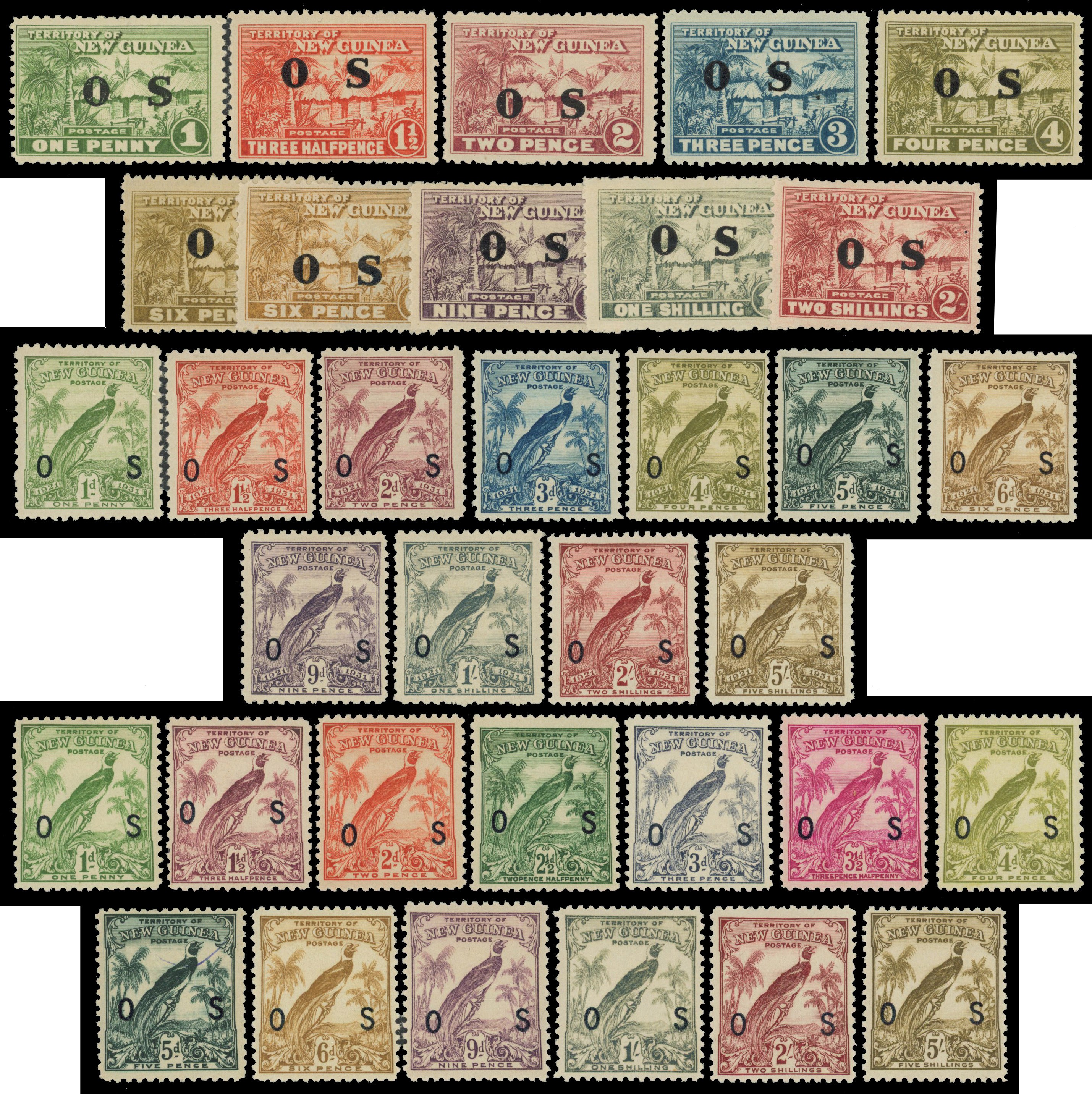 New Guinea: Mint on cards including 1925 to £1, 1931 Air to £1, 1931 Air with type 15 overprint, 1932 to 10s, 1932  to £1