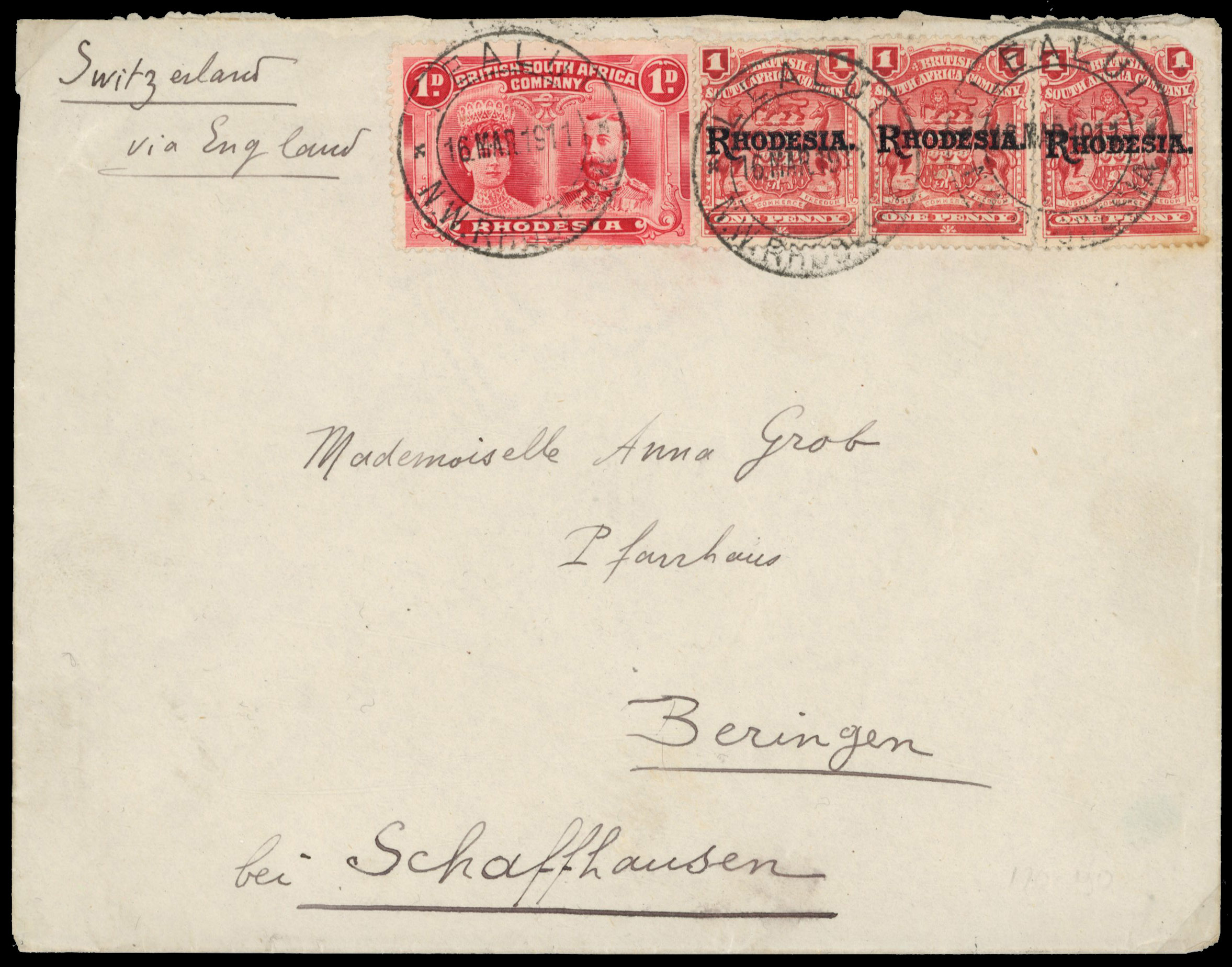 1d bright carmine plus three 1909 1ds on envelope to Switzerland, Lealui DCs