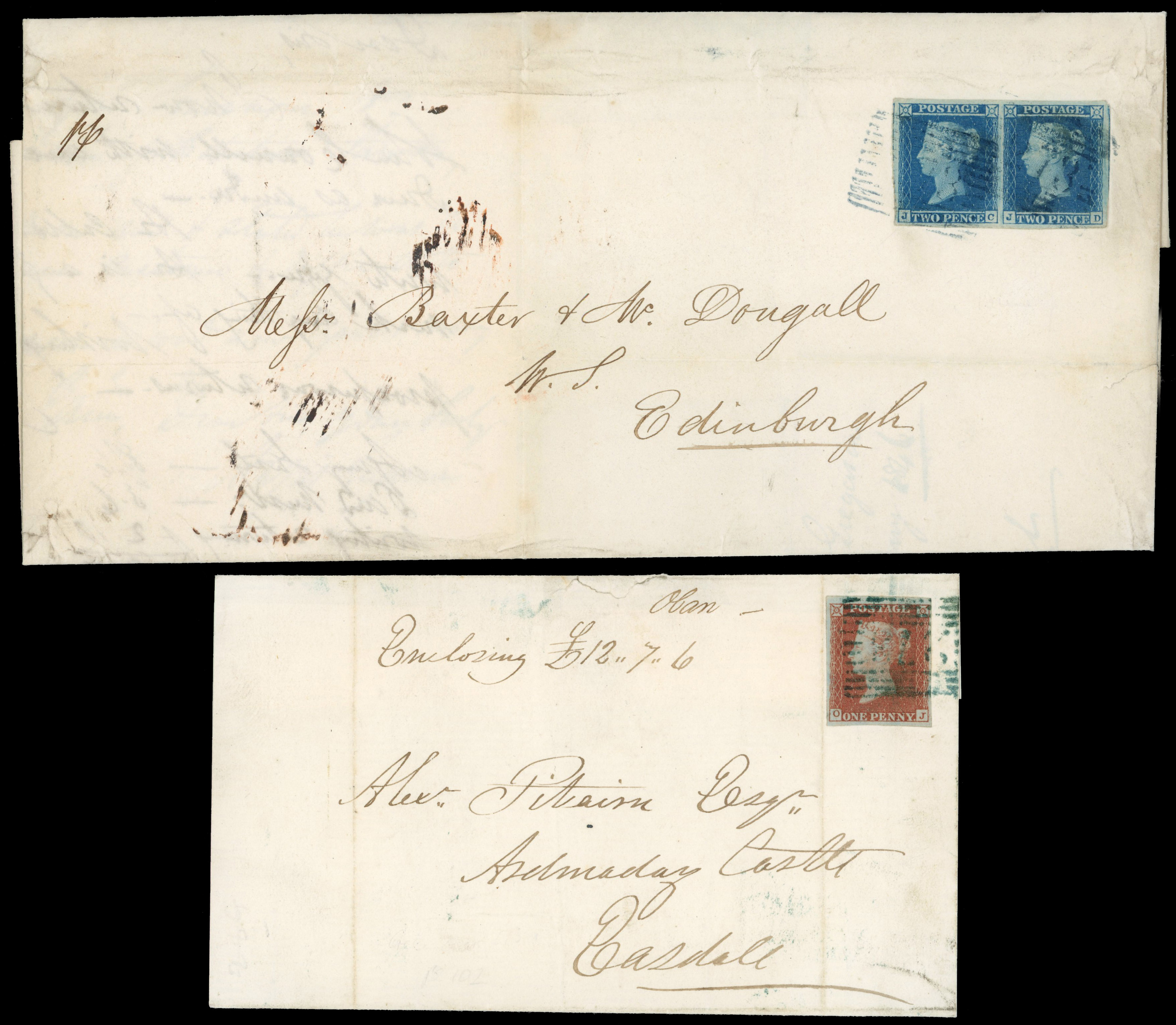 GB 1841 2d pair on 1846 cover and 1841 1d red-brown cover both tied by Oban numerals