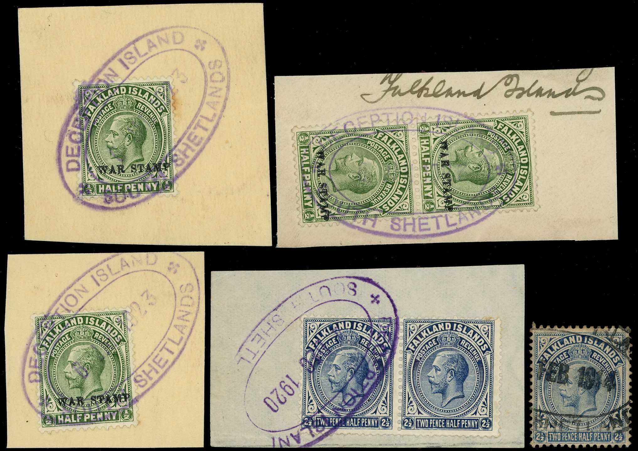 1918-20 ½d green 'WAR STAMP' two singles and...