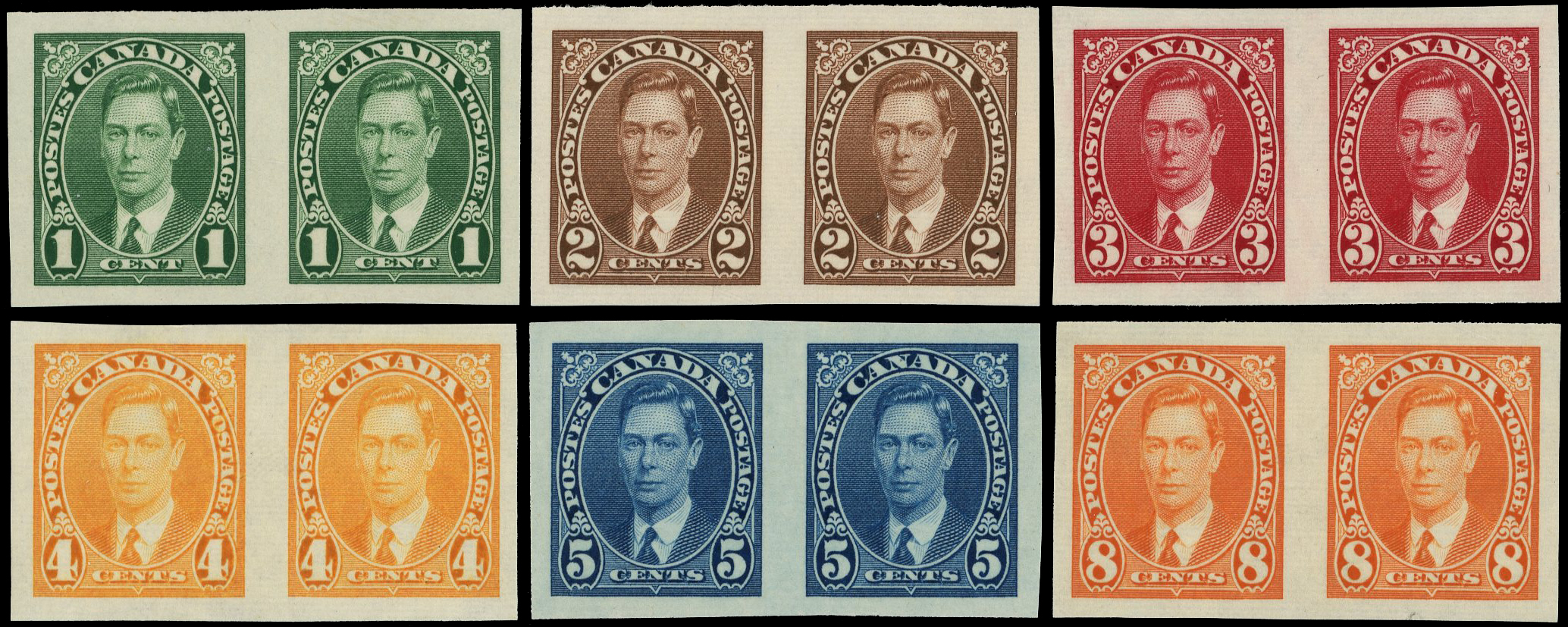 Canada SG 357-362 imperforate pairs mint