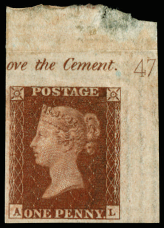 1841 1d red-brown Plate 47. Superb unused top right hand corner marginal imperforate imprimatur lettere…