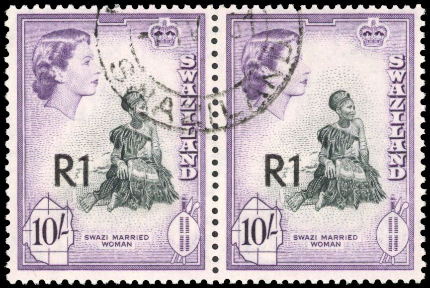 SWAZILAND: 1961 1r on 10s surcharge type III horizontal pair fine used. SG 76b