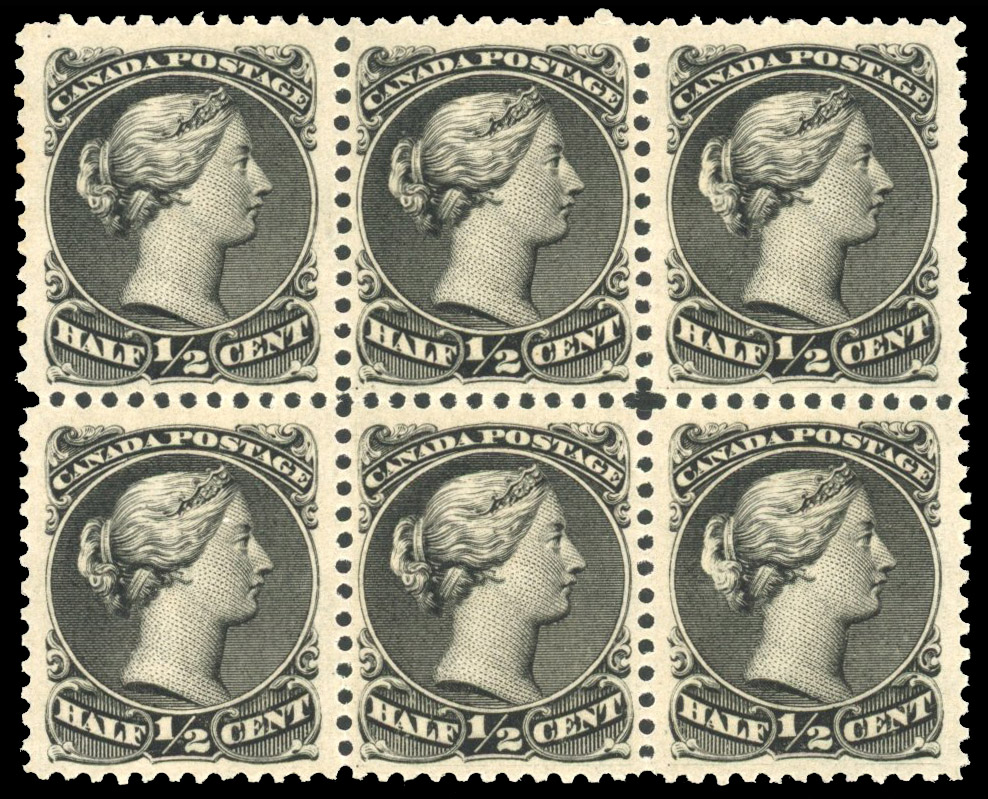 Canada 1868-90 ½c black block of six with specialised varieties, Unitrade 21,ii,iii,iv.