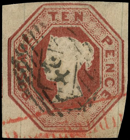 1848 10d Brown. Fine used four margin example with variety ‘Silk threads 20mm apart’, cancelled by a London Chief Office…