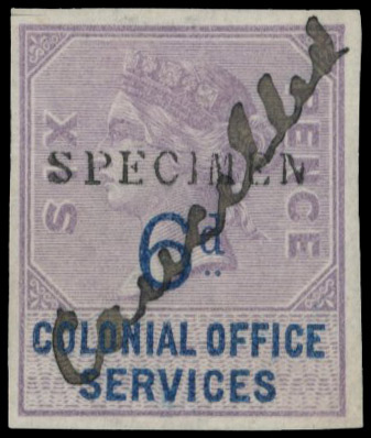 GB. Colonial Office Services. c.1900 6d imperforate proof 'Specimen' and 'Cancelled'