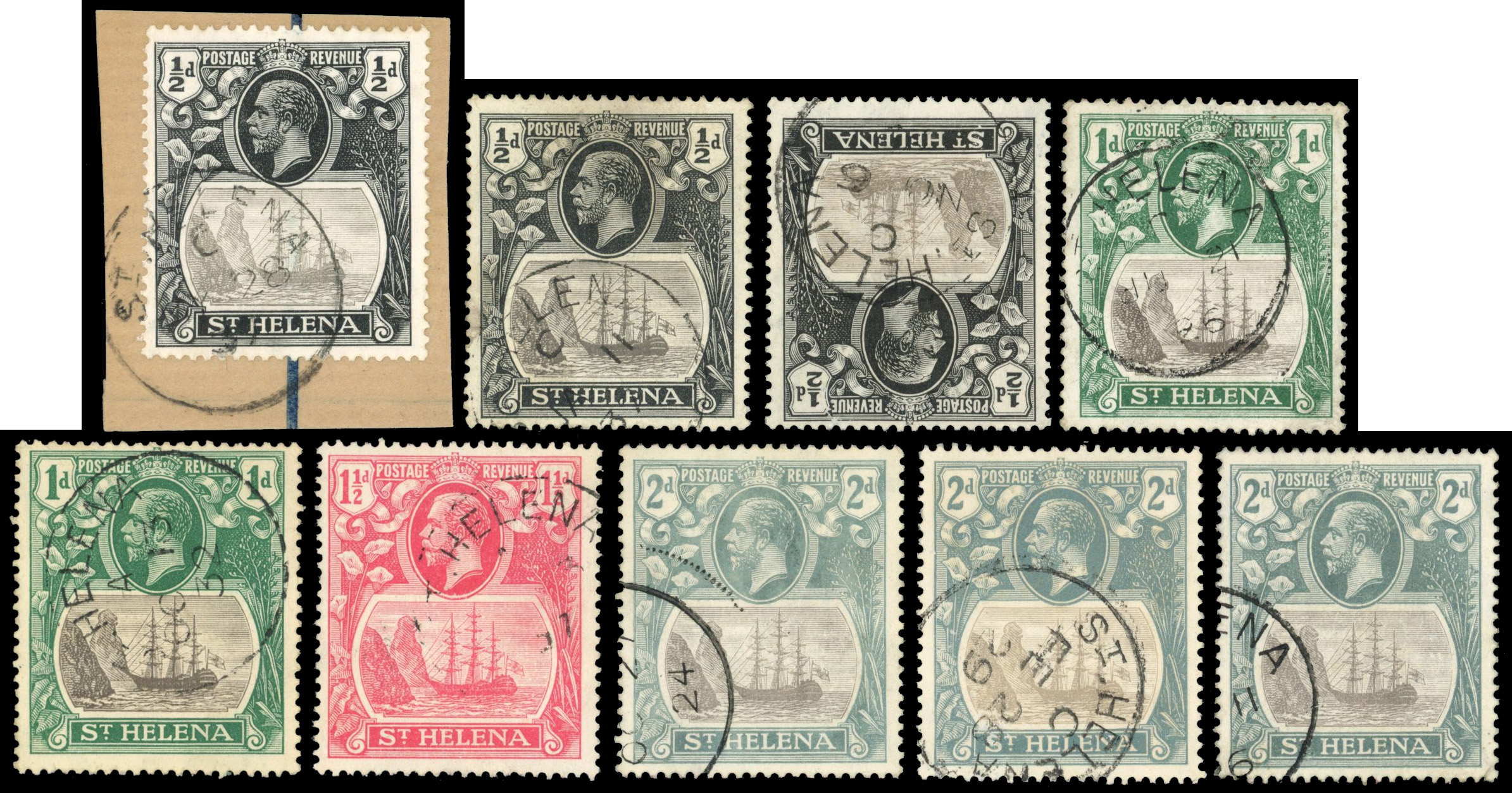 St Helena 1922-37 Wmk Mult Script CA used variety group SG 97c/106a