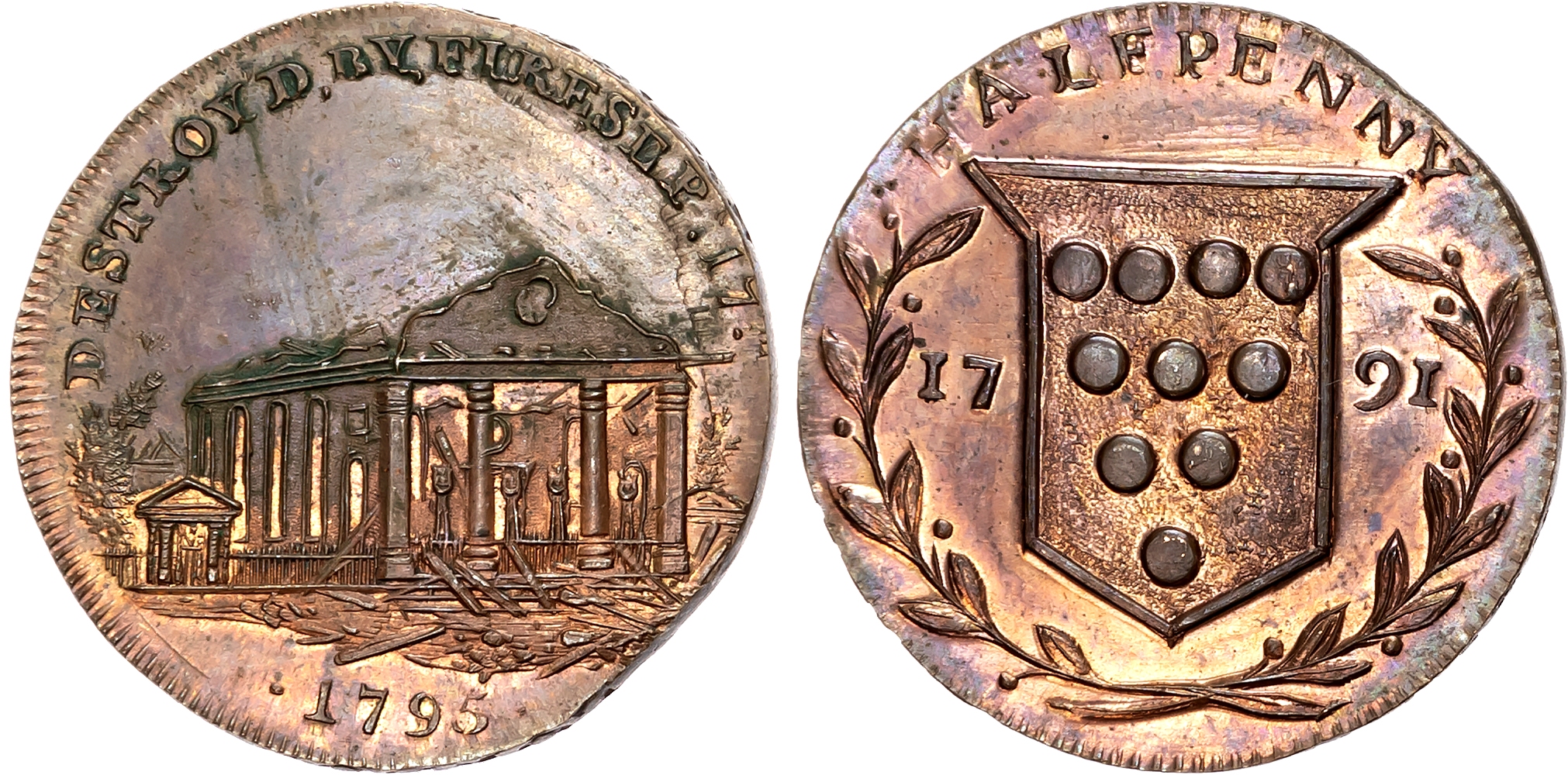 London,  High Holborn , Skidmore’s mule Halfpenny, St. Paul’s Church in ruins, rev. Arms of Kidderminster, edge SKIDMORE …