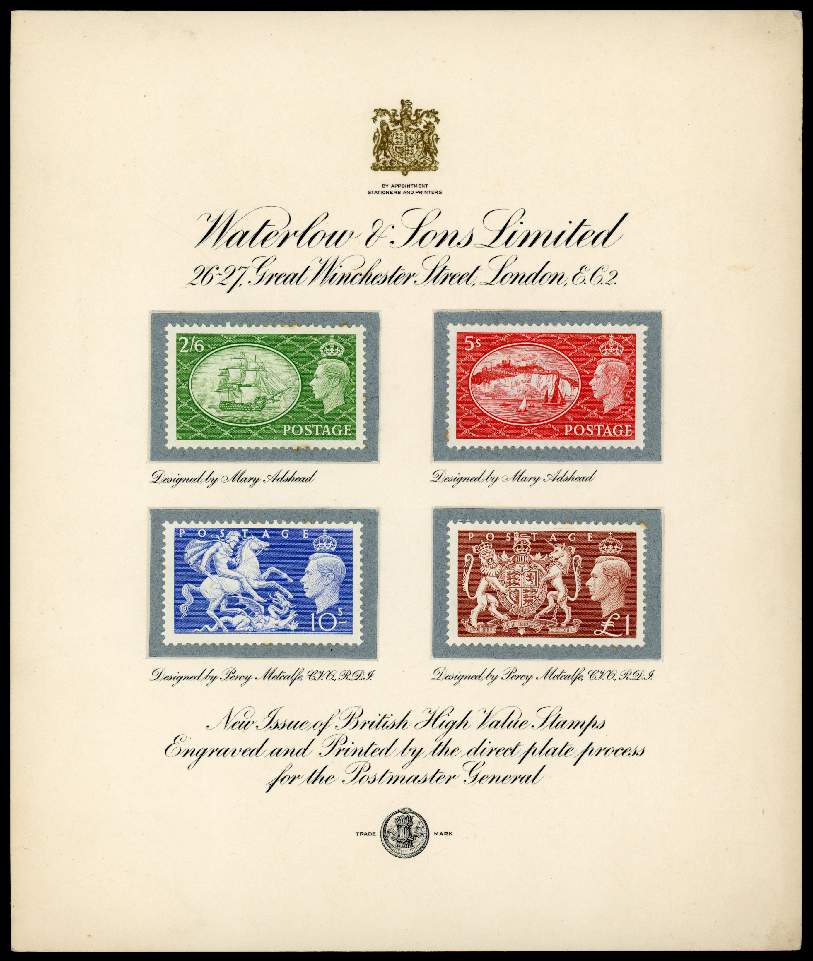 1951 Festival high values 2s6d to £1 set of four affixed to ‘Waterlow & Sons Limited’ presentation card