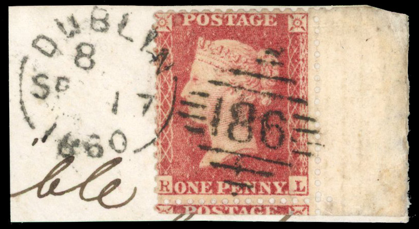 GB 1857-63 1d rose-red Plate 44 (RL), tied on small piece