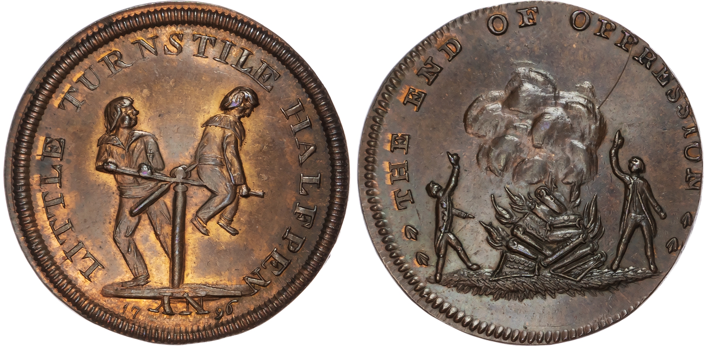 London, Holborn, Thomas Spence Halfpenny 1796, Two men standing and cheering a pile of land titles and deeds g…