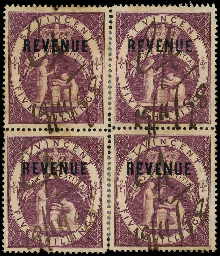 1883-93 5s Lilac, opt 'REVENUE', used block...