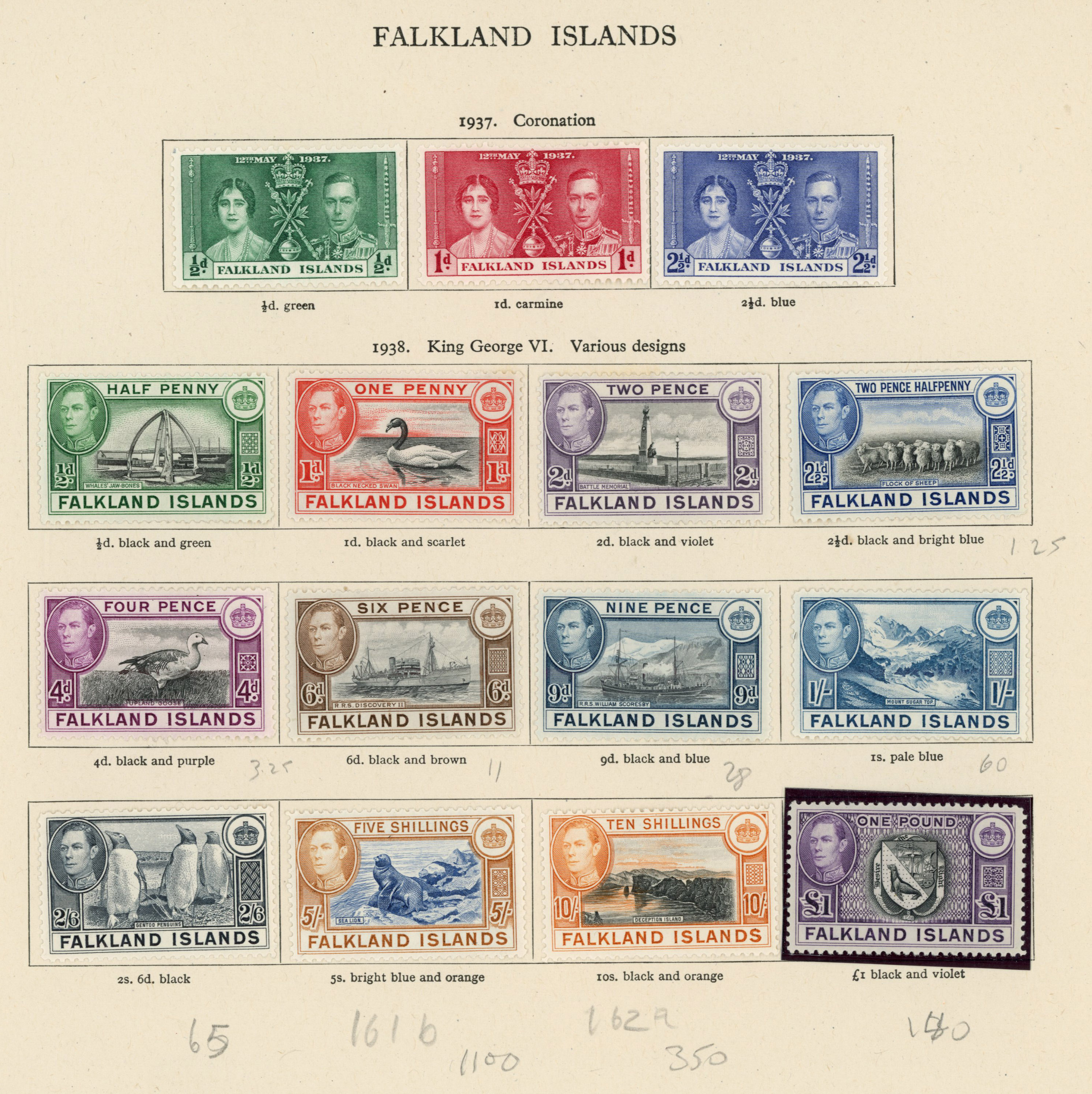 FALKLAND ISLANDS 1937 to 1952 mint collection on leaves including 1938 to £1 including shades, another £1 unmounted mint,