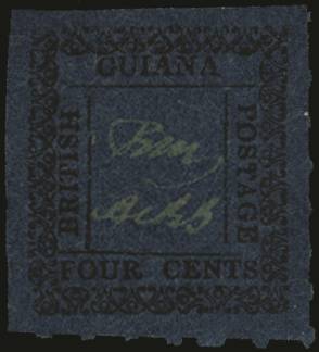 BRITISH GUIANA SG 122 1862 (Sept) Typeset 4c black/blue, type 13, R1/1, initialled in white, complete roulettes, UNUSED