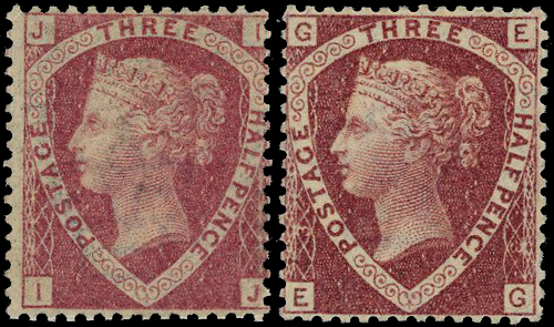 1870 1½d rose-red Pl.1 & 1½d lake-red Pl.3.