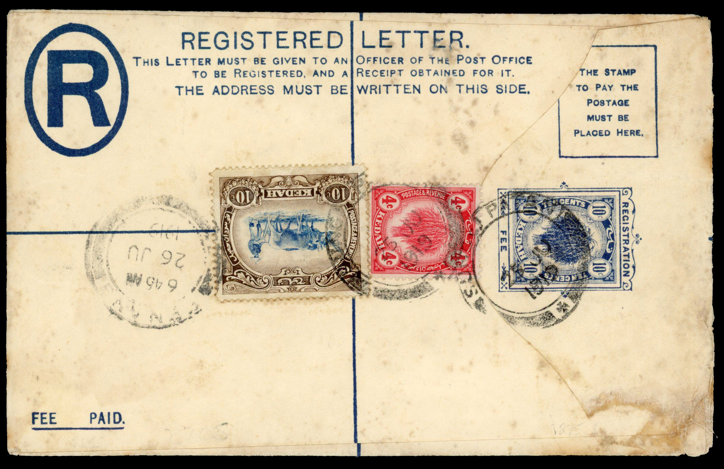 KEDAH: 1919 10c blue registered stationery envelope (size G) to Kuala Lumpur