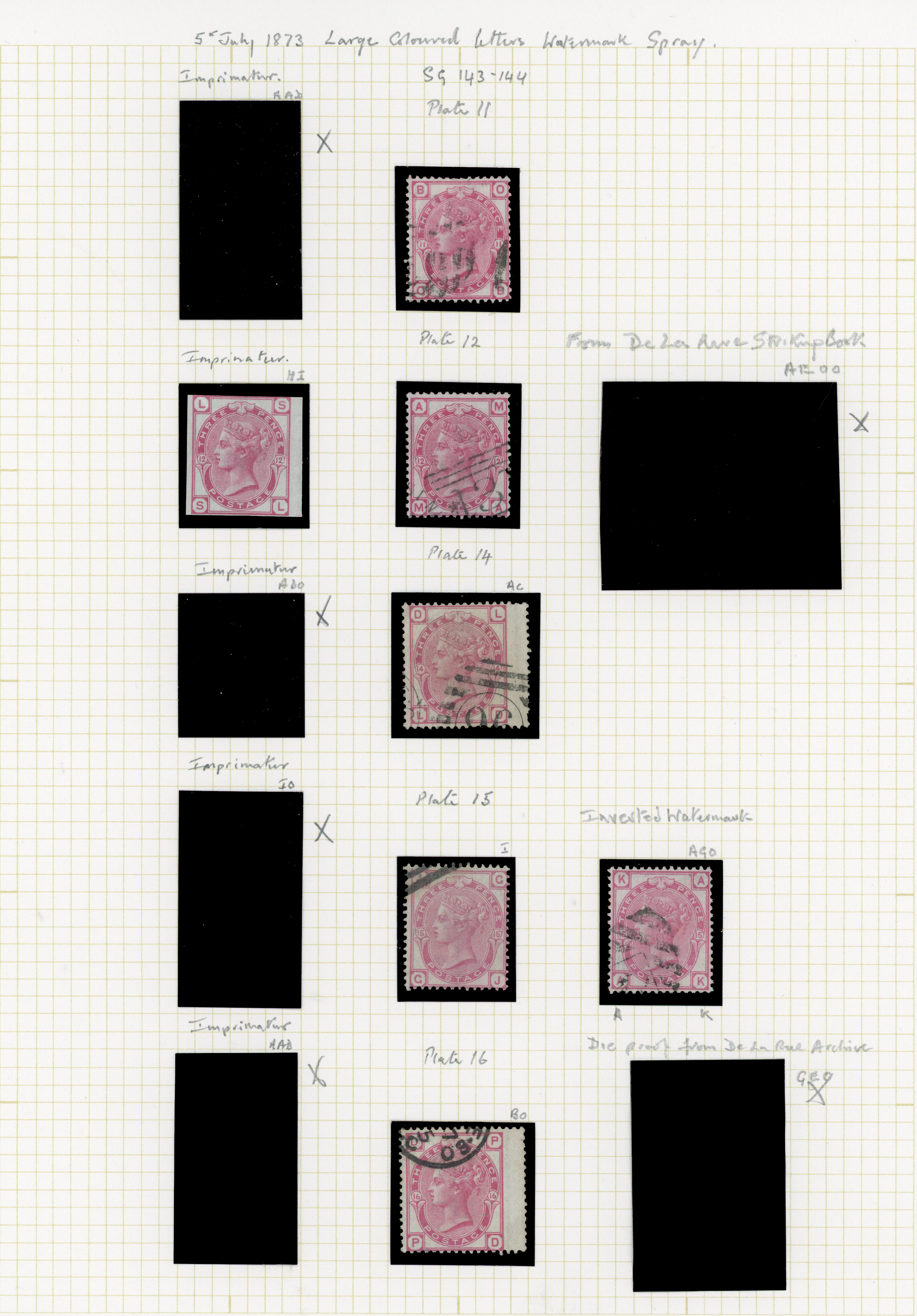1873-79 3d Rose Pl.11-20 (SG143-144). A fine group of seventeen examples