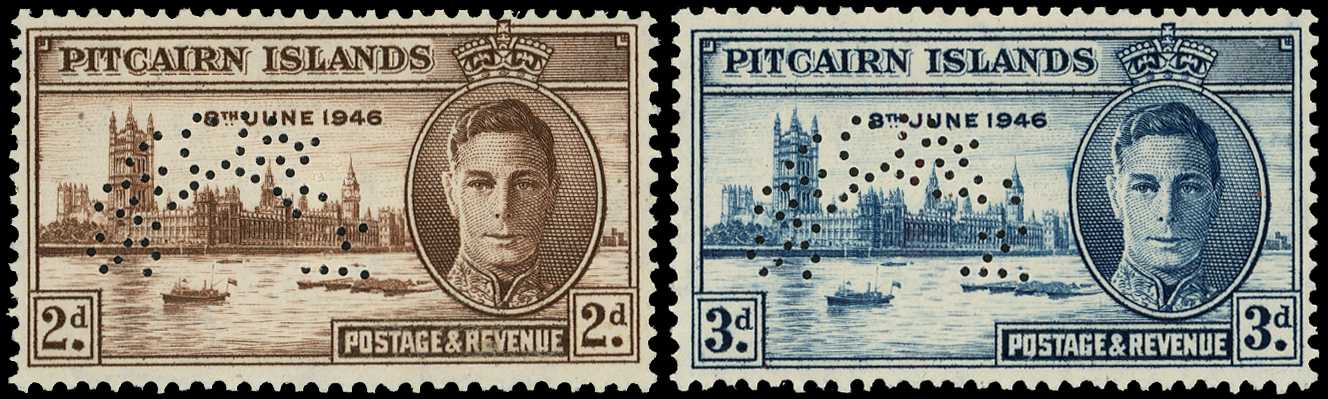 1946 Victory pair perforated SPECIMEN Type D21, unmounted o.g.  SG 9s-10s,...