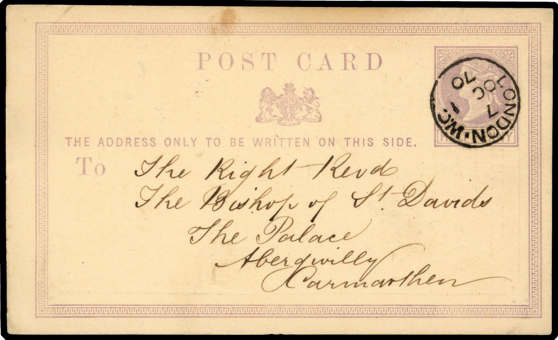 1870 ½d Violet postcard (Small format).