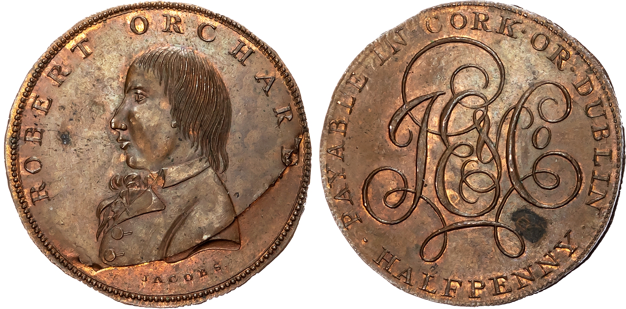 London, Soho , Robert Orchard, Jacobs’ Halfpenny, His draped bust to left, rev . JE & Co cypher, edge plain, 29.2mm/9.21 …