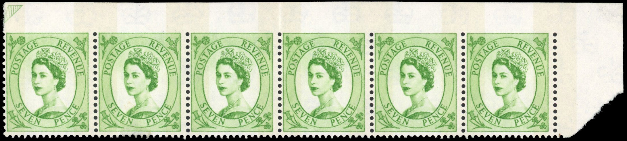 GB SG 617a 1960-7 7d Wilding strip imperf between stamps and top margin mint