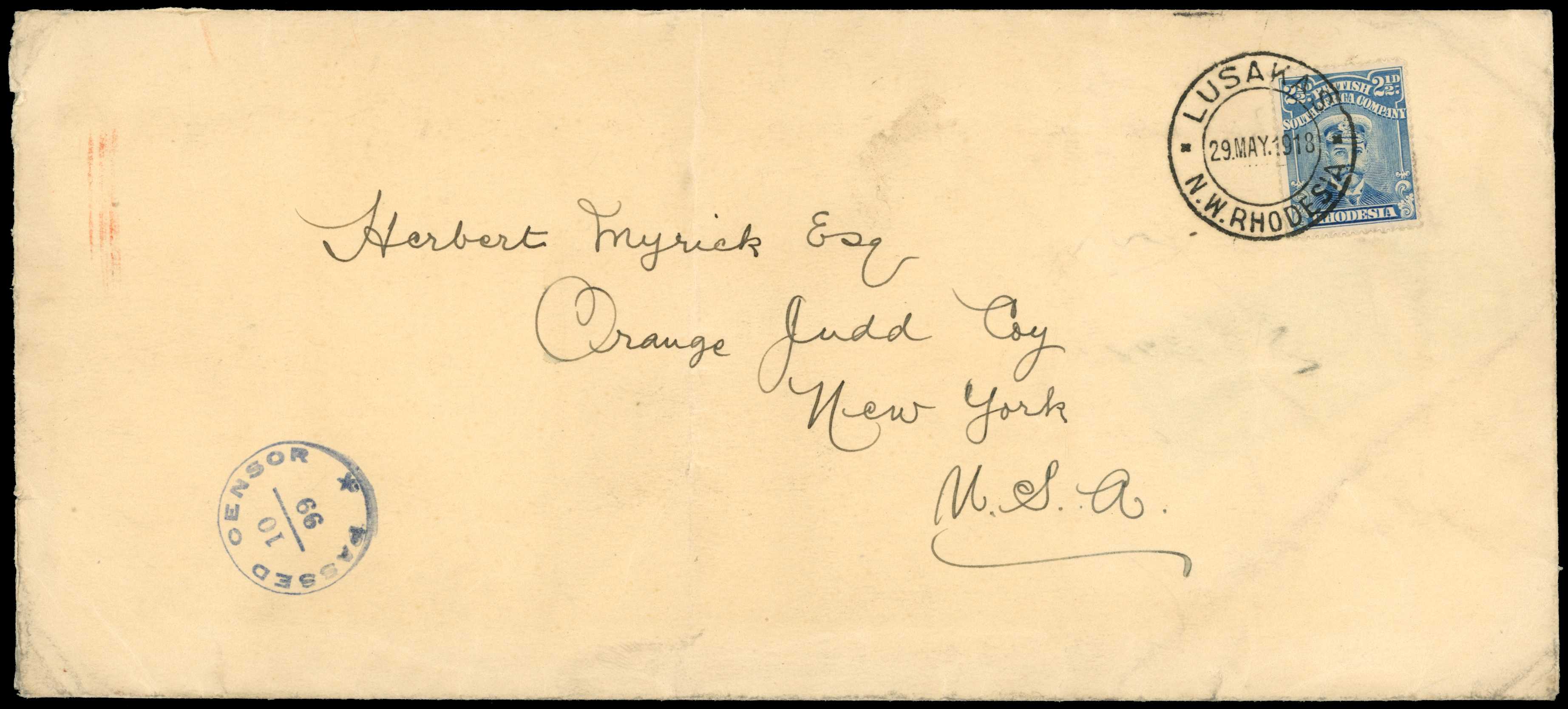 Usages. 1918 envelope (130 x 102mm) to New...
