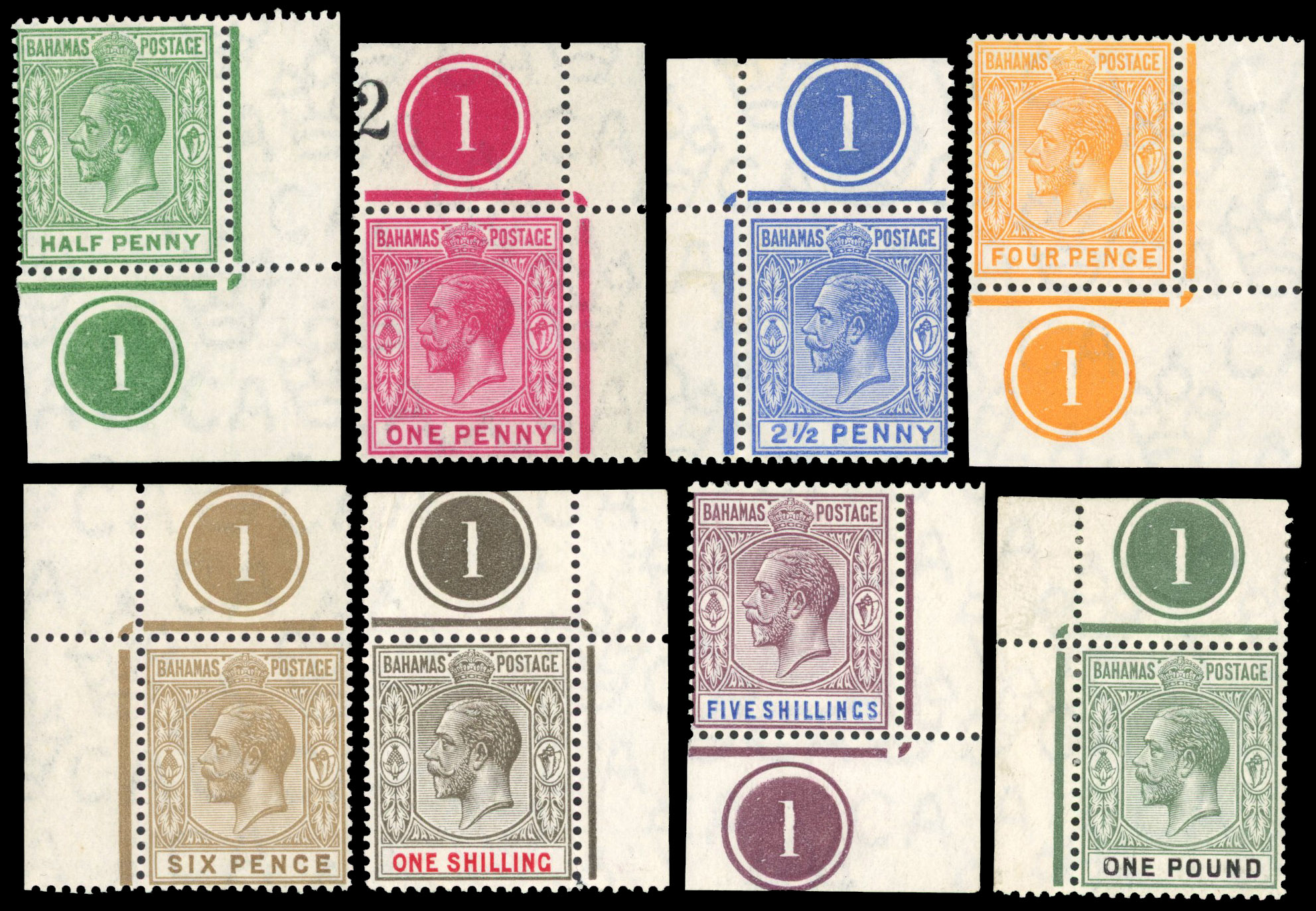 Bahamas SG 81/89 1912-19 part set of 8 to £1 with plate numbers