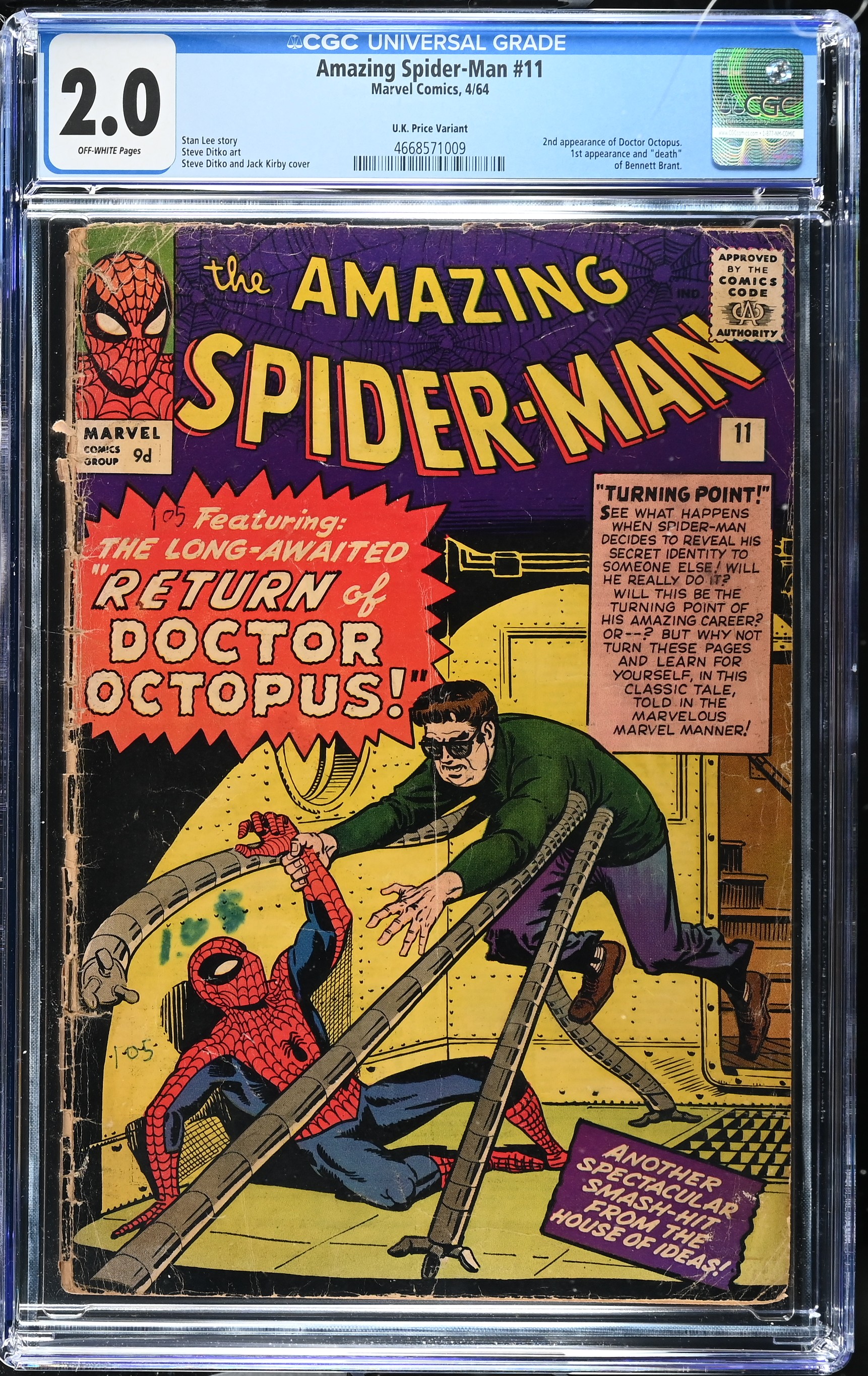 Amazing Spider-Man #11 CGC 2.0 2nd Doctor Octopus UK Edition (Marvel Comics, 1964) Off-White Pages