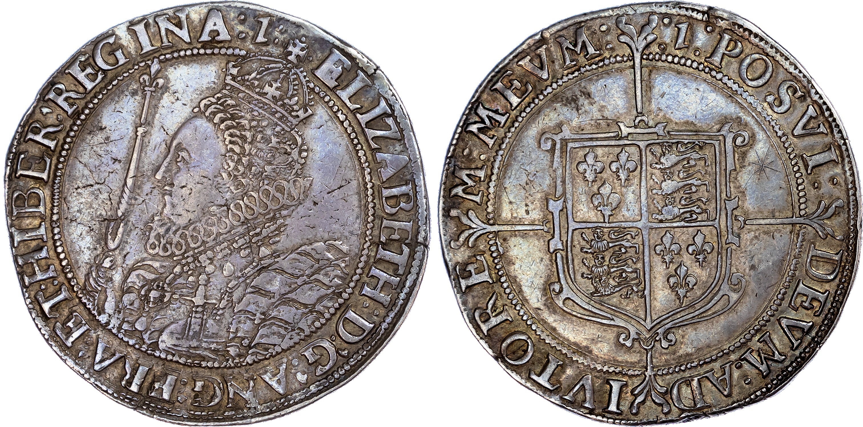 Elizabeth I (1558-1603), Crown, seventh issue
crown breaks inner beaded circle, mintmark 1 (1601)