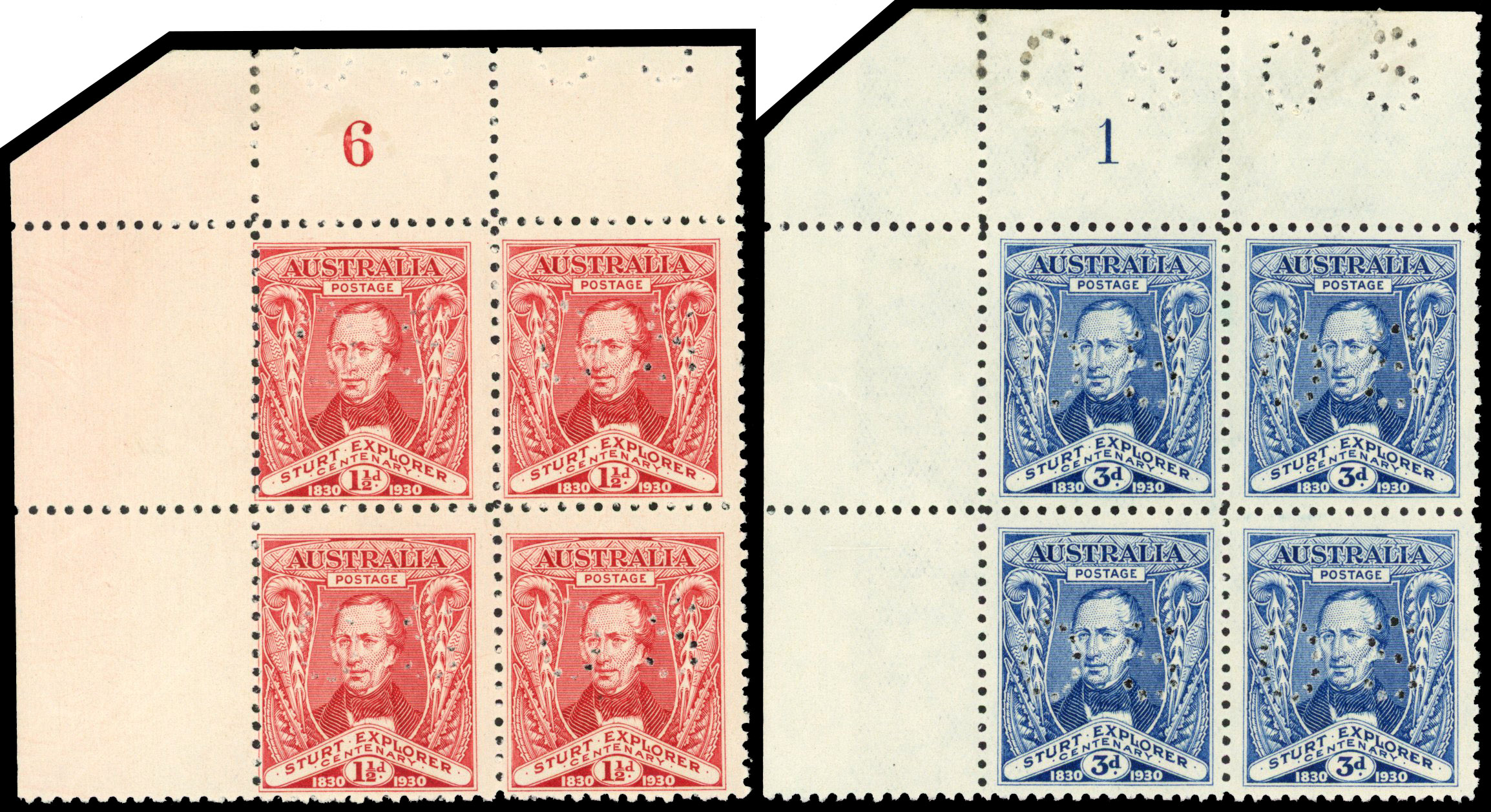 Australia SG O121/22 1930 'Sturt' 1½d, 3d perf 'OS' plate blocks mint