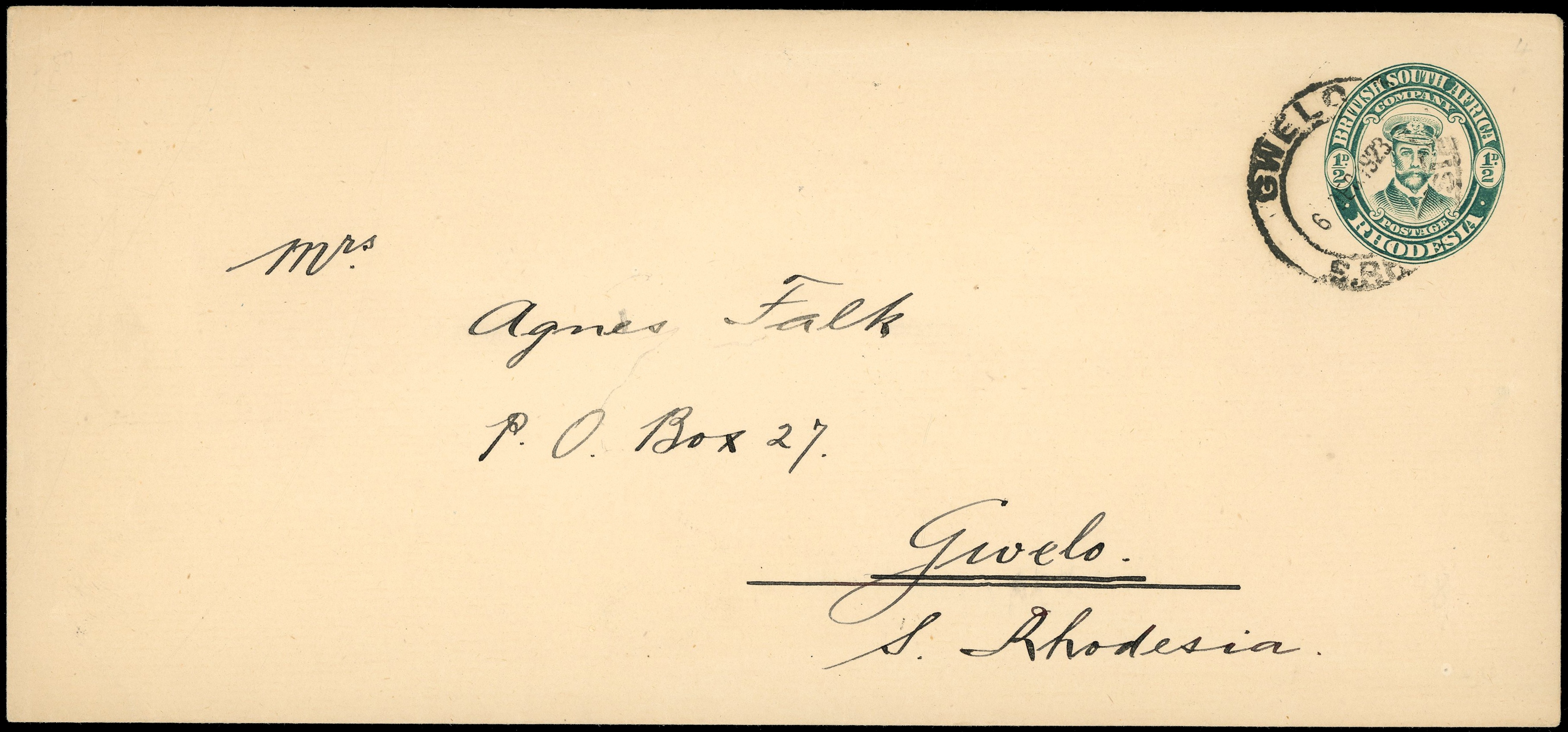 1923 ½d green "Admiral" envelope locally used in Gwelo