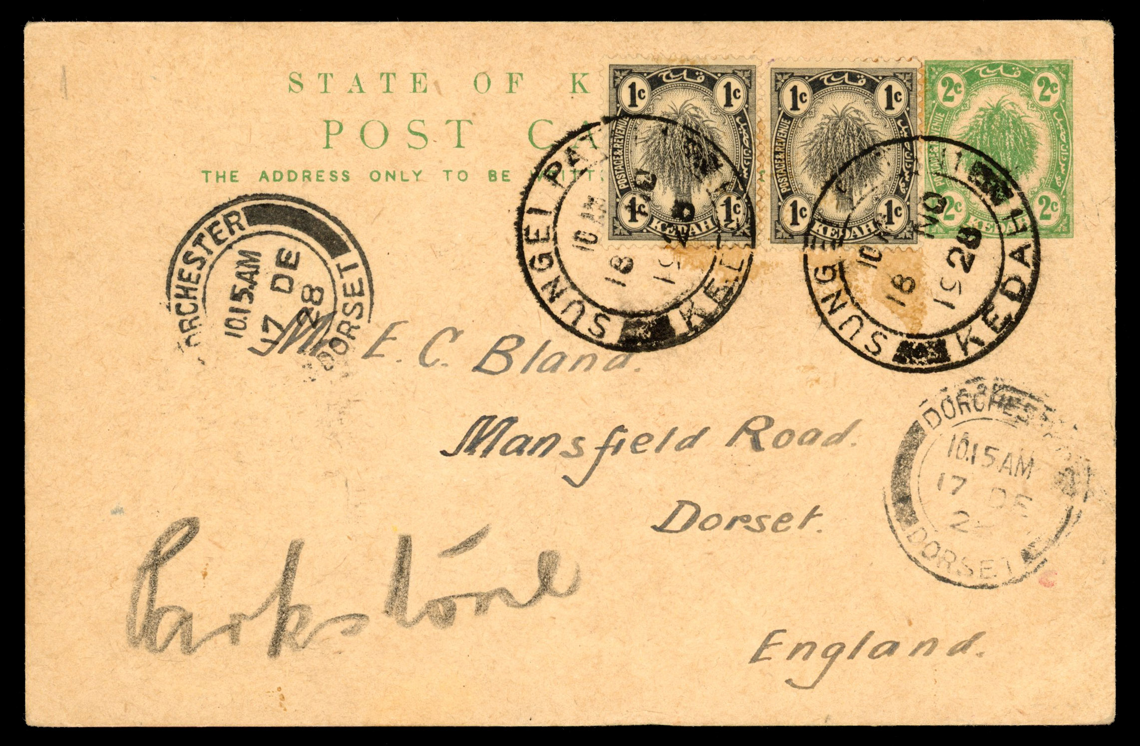 Kedah 1928 2c stationery card to England uprated with 1c black (2) tied by ‘SUNGEI PATANI/18 NO/1918/KEDAH’ datestamps