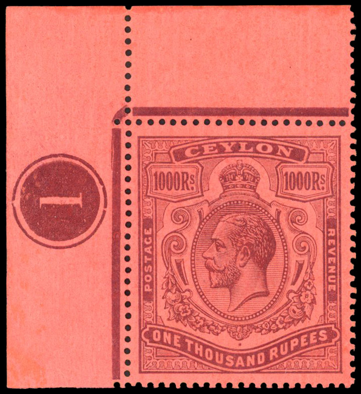 Ceylon 1912-25 1000r purple/red with plate number S.G. 323 cat £35,000