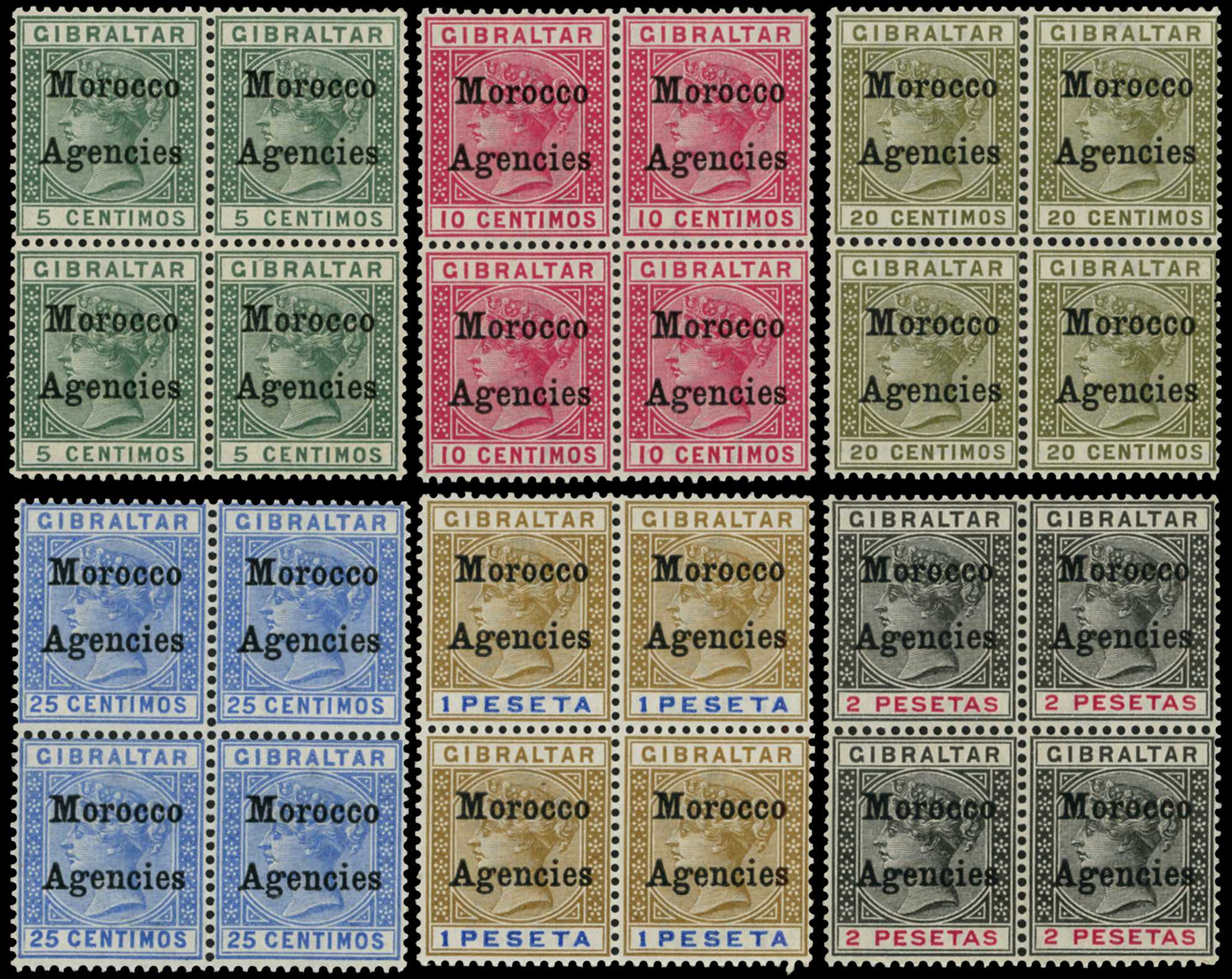Morocco Agencies 1899 5c, 10c, 20c, 25c, 1p and 2p blocks of 4, SG 9/12, 15/16