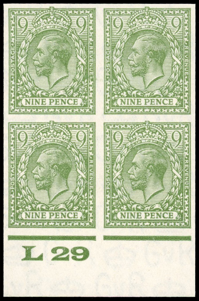 Great Britain 1929 9d Olive-green, Control Block of Four, BPMA Imprimatur, SG 427