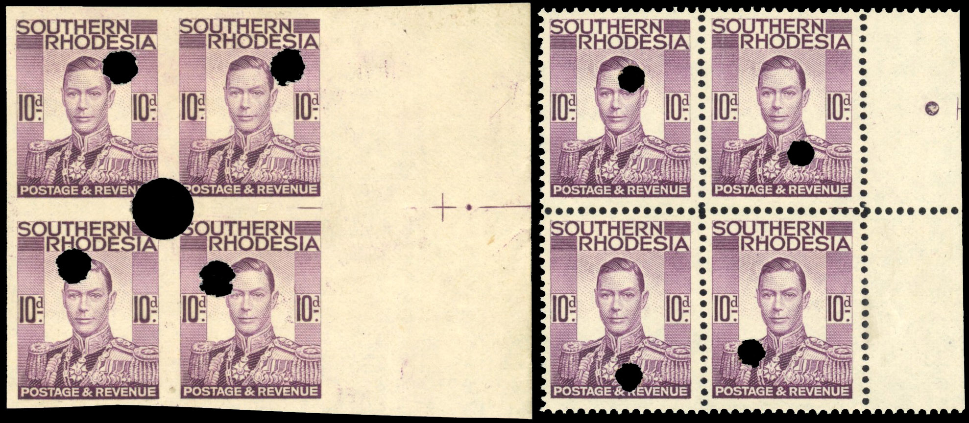 Southern Rhodesia SG 47 1937 10d proofs with 'dart in ear'