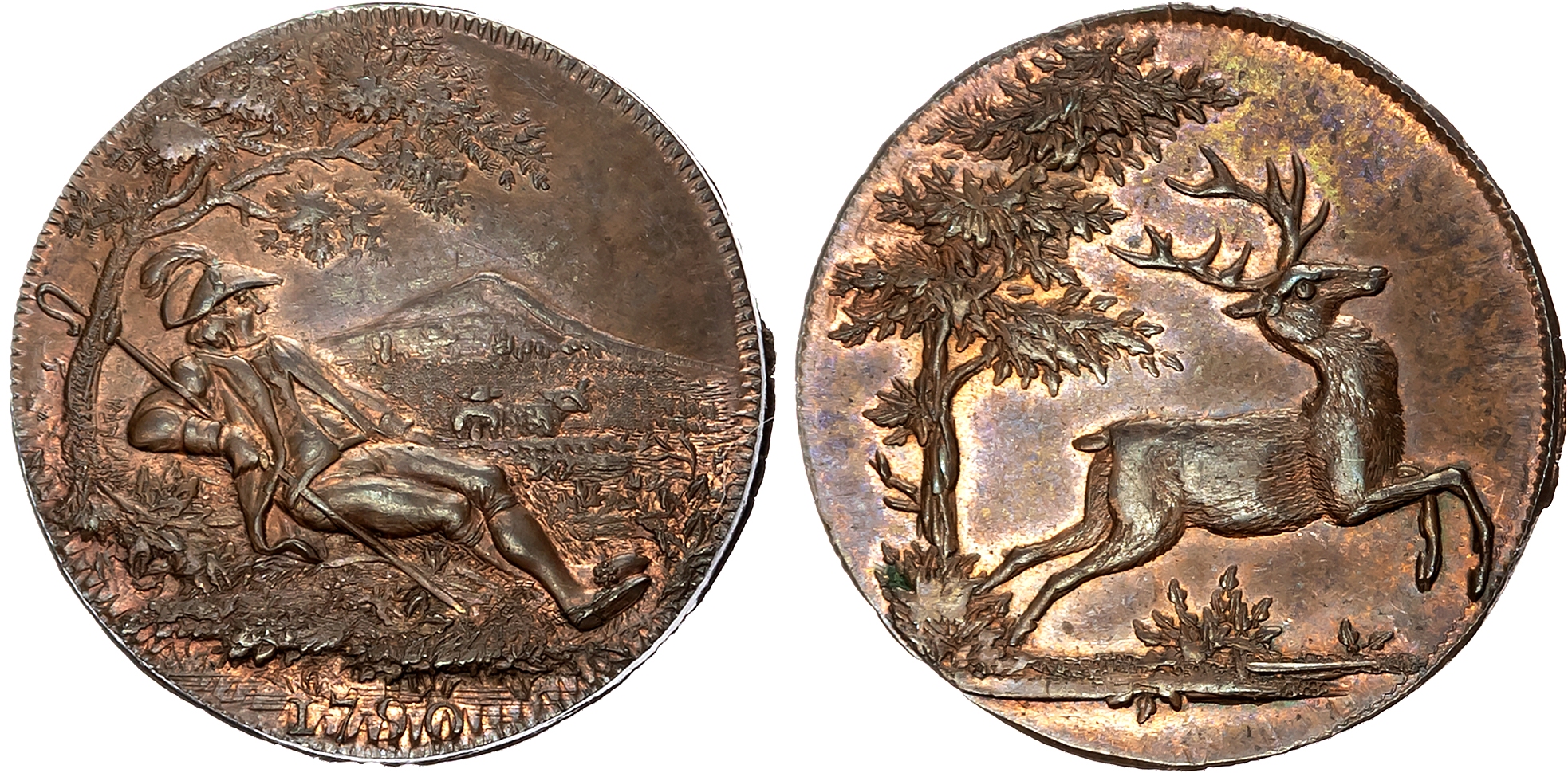 London, Holborn, Thomas Spence Halfpenny 1790, A stag bounding past a tree, rev. Shepherd lying under a tree, edge , pla …