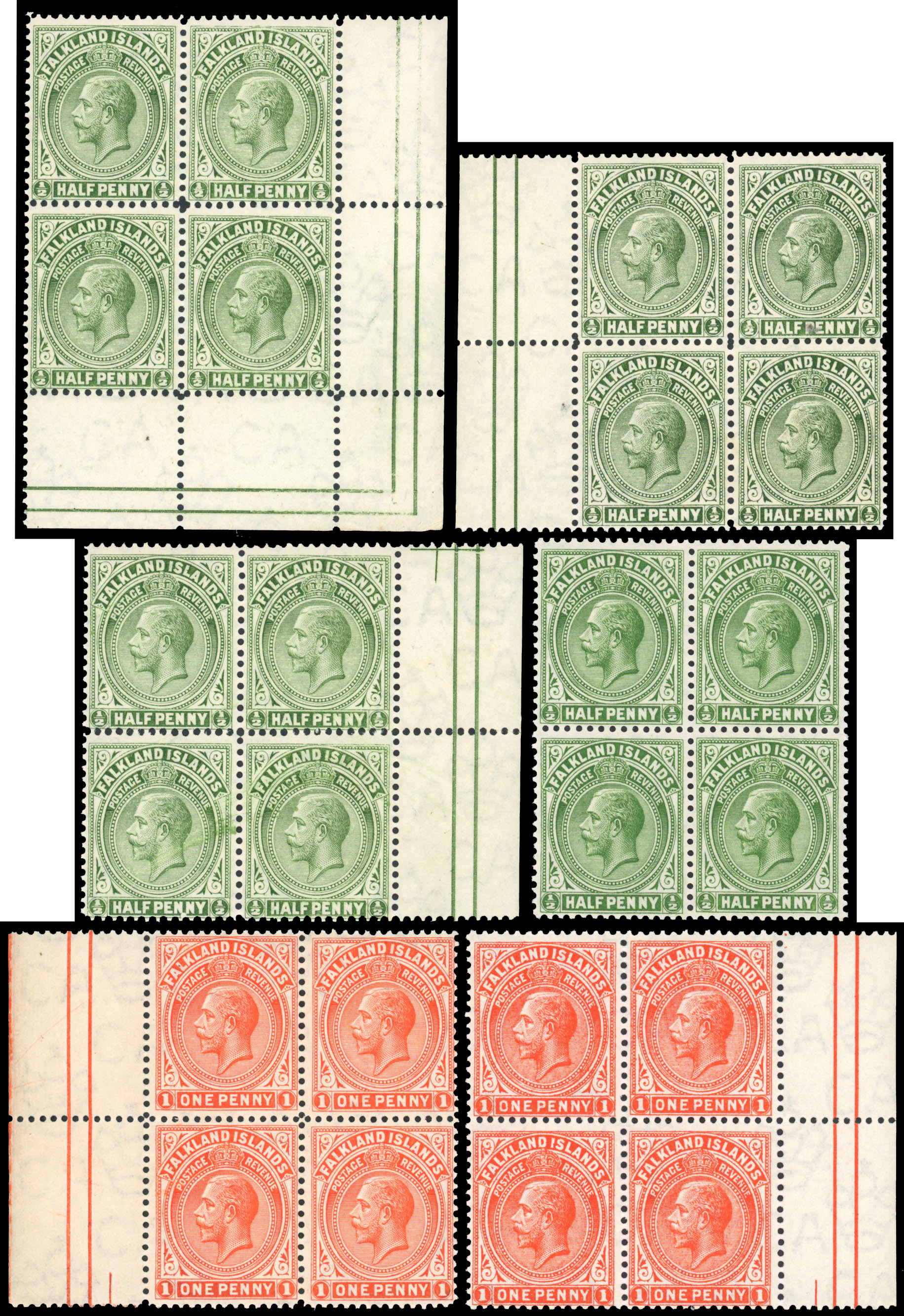 Falkland Islands 1912-20 mint blocks of 4 to 5s