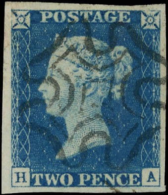 1840 2d blue plate 1 (HA), four...