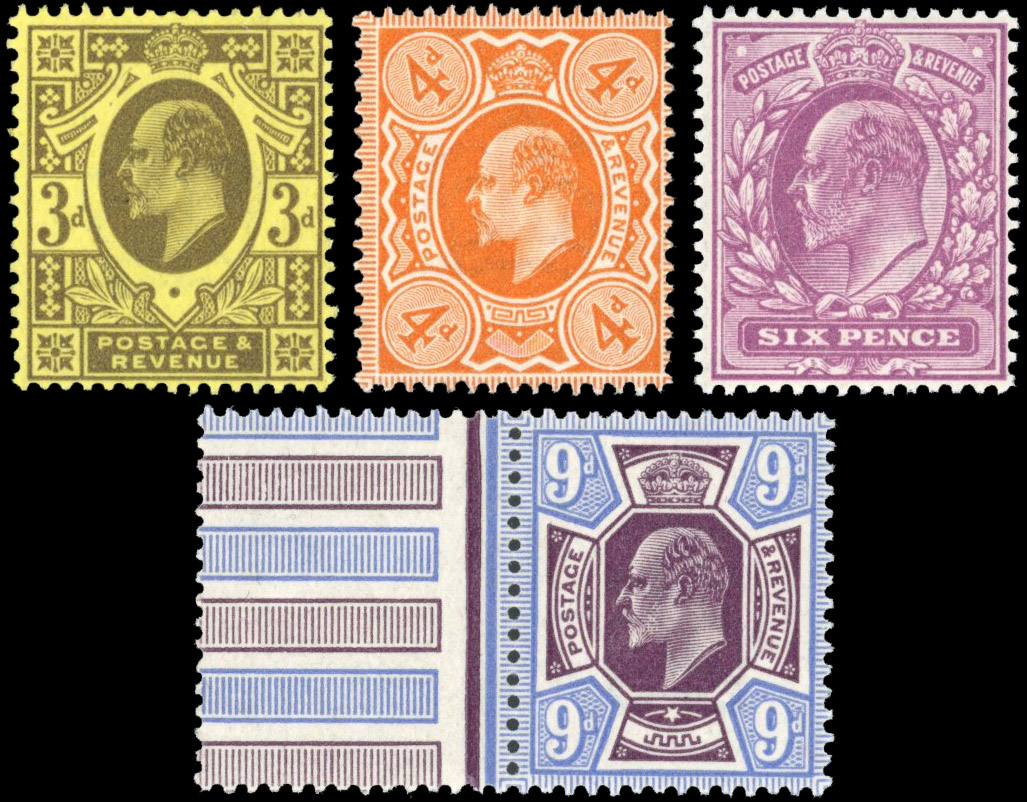 GB: 1911 Harrison, 14x14, 3d, 4d, 1911-13 Somerset House 6d and 9d mint unmounted og