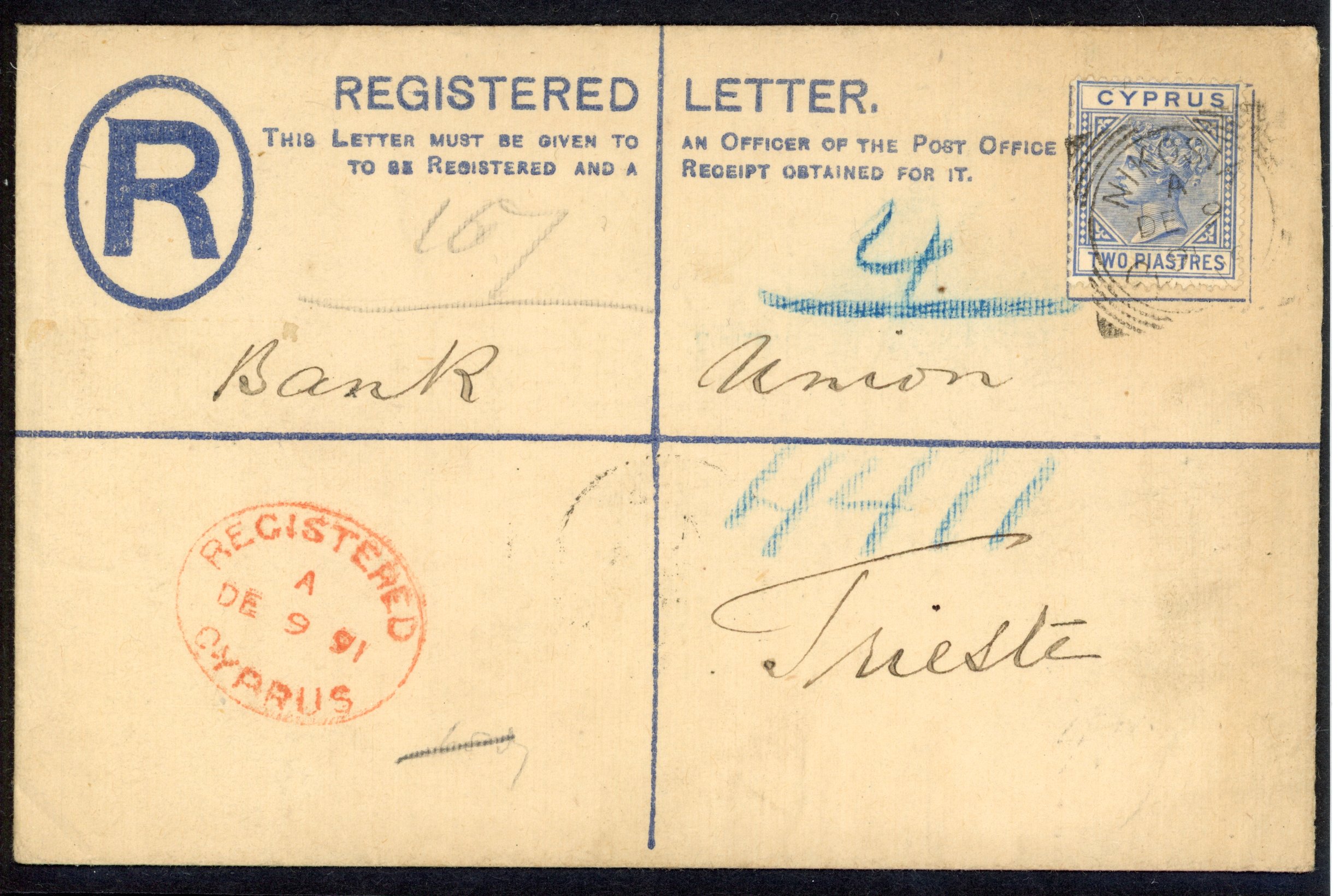 CYPRUS: 1891 2pi registered stationery envelope to Trieste bearing 2pi tied ‘NICOSIA/CYPRUS/DE 9 91’ squared circle,