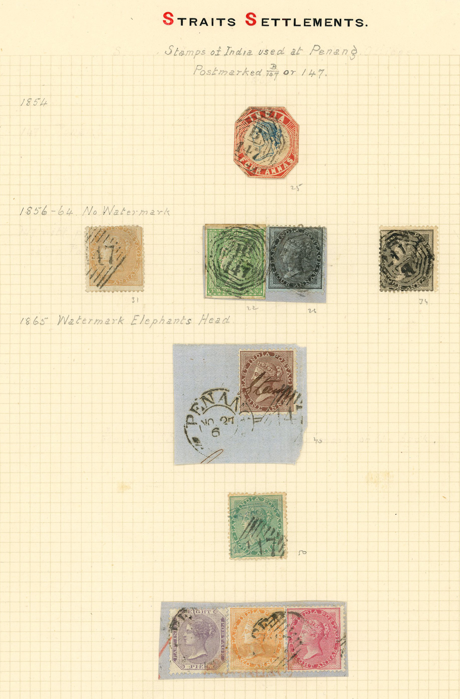 India used in Penang. 1854-65 group on page, as purchased from a Robson Lowe sale 29.2.1956. SG 25 cut-to-shape, 22...