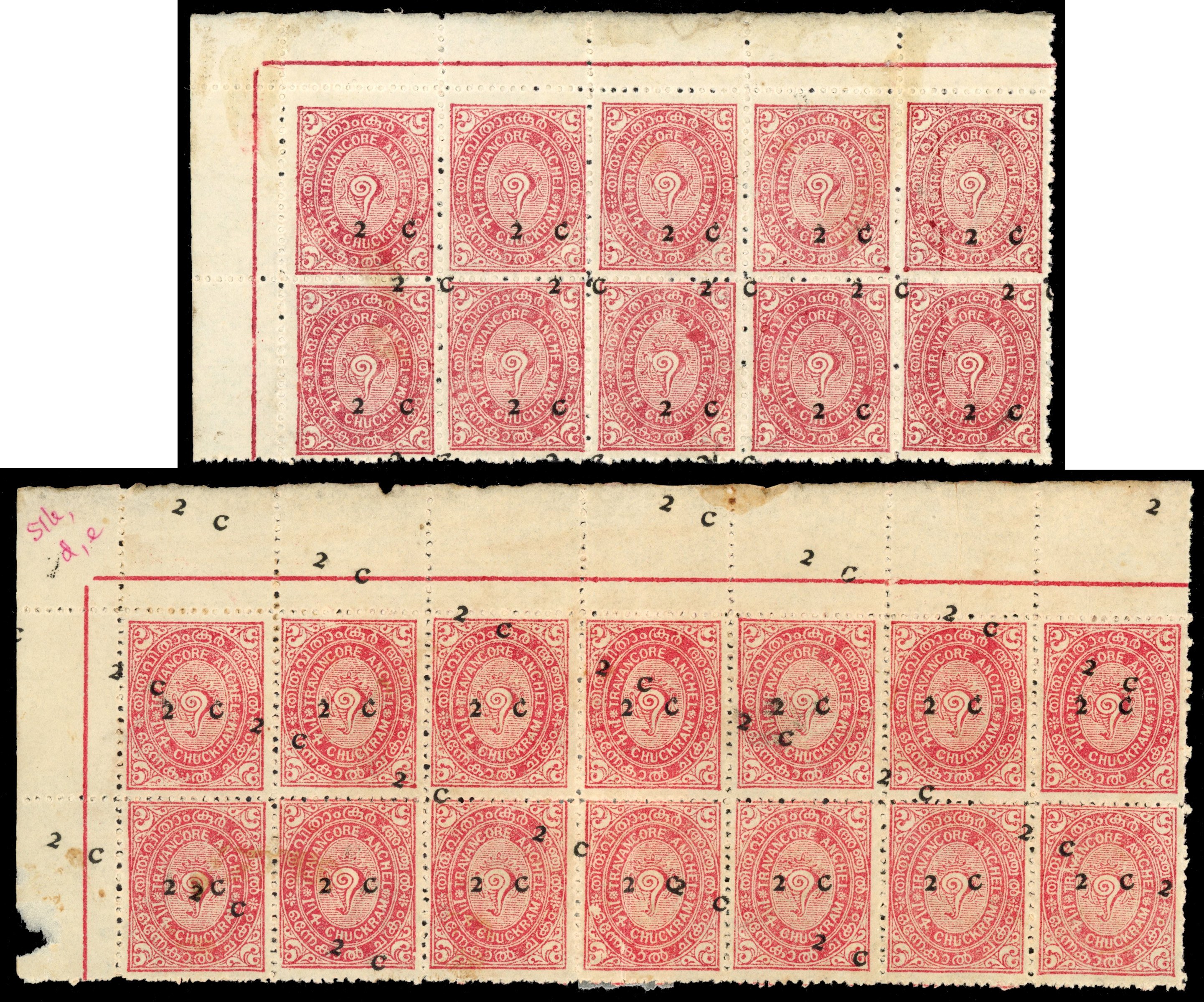 I.F.S Travancore SG 51b block of ten mint 