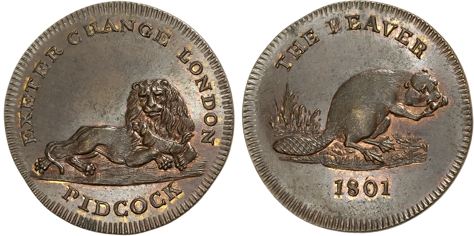 London,  Strand, Gilbert Pidcock Farthing 1801, A lion reclining with a small dog, rev. a beaver right, gnawing a piece  …