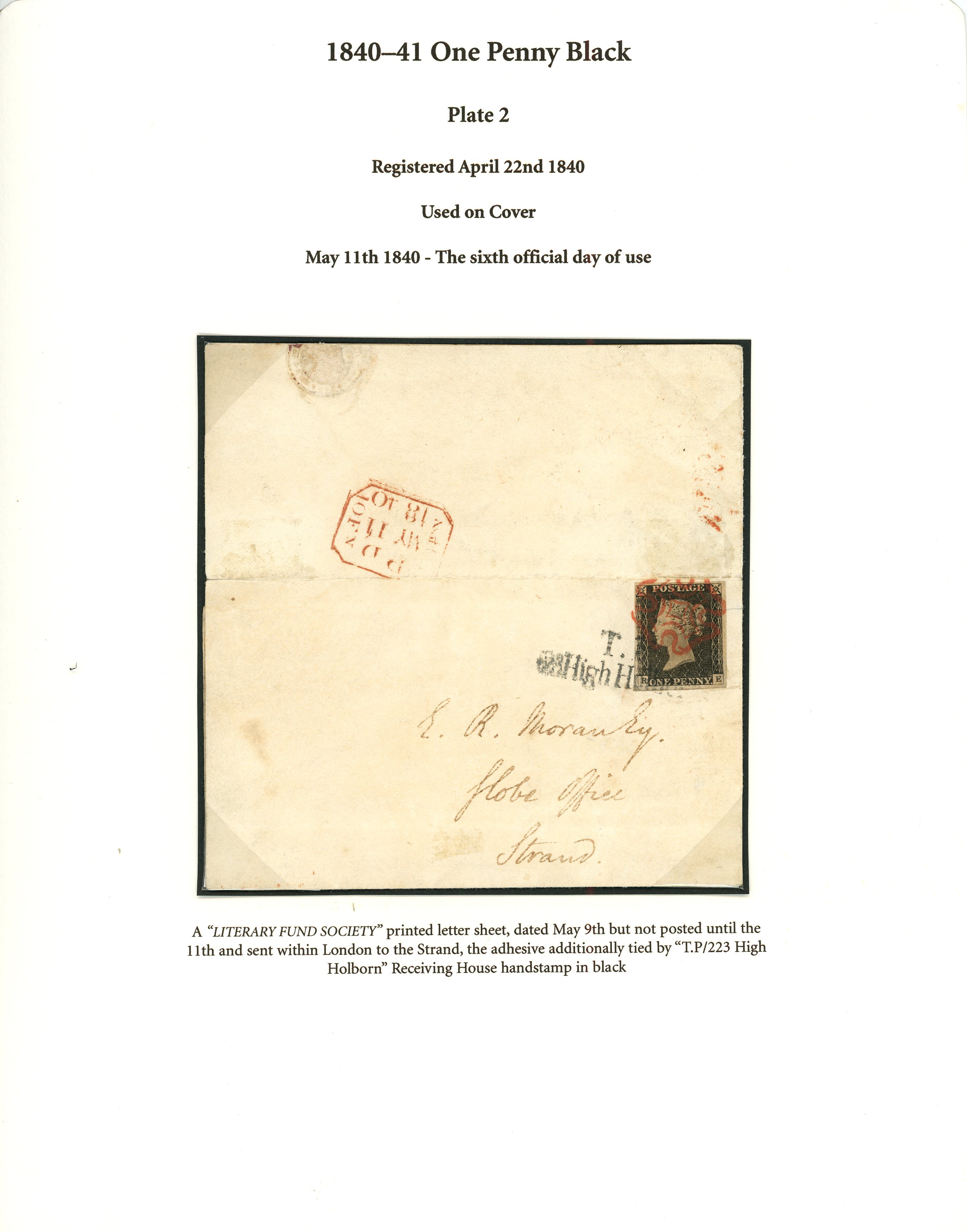 1840 (May 11th) 1d black cancelled red MC on entire 'LITERARY FUND SOCIETY' printed letter...
