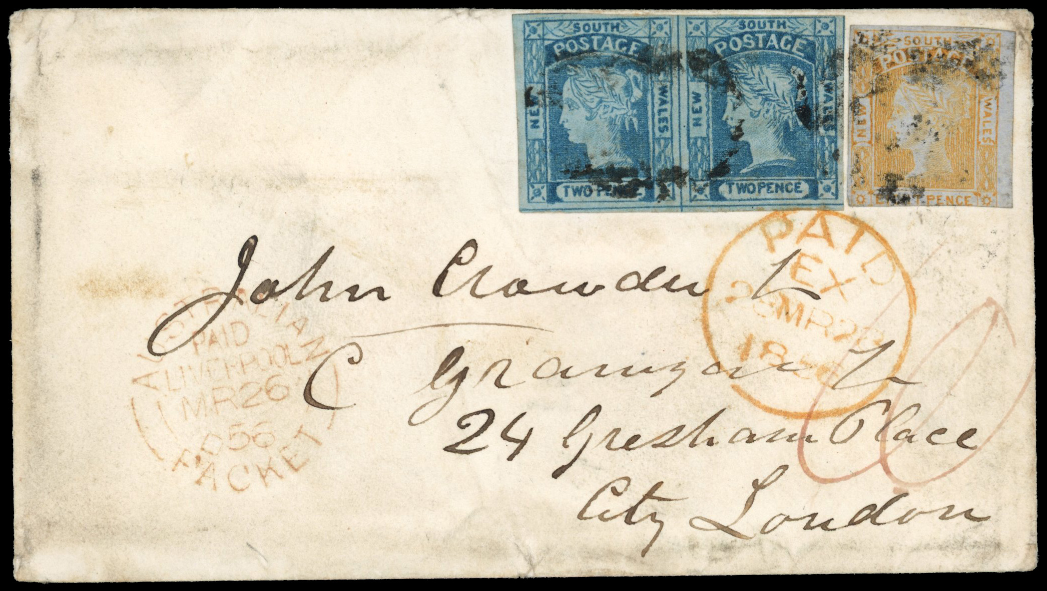 NEW SOUTH WALES 1855 Laureated issue 1856 cover to London