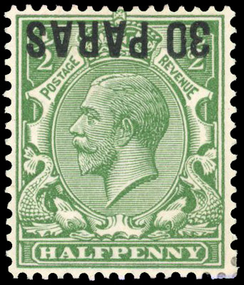 British Levant 1921 30pa on ½d green with error OPT INVERTED
