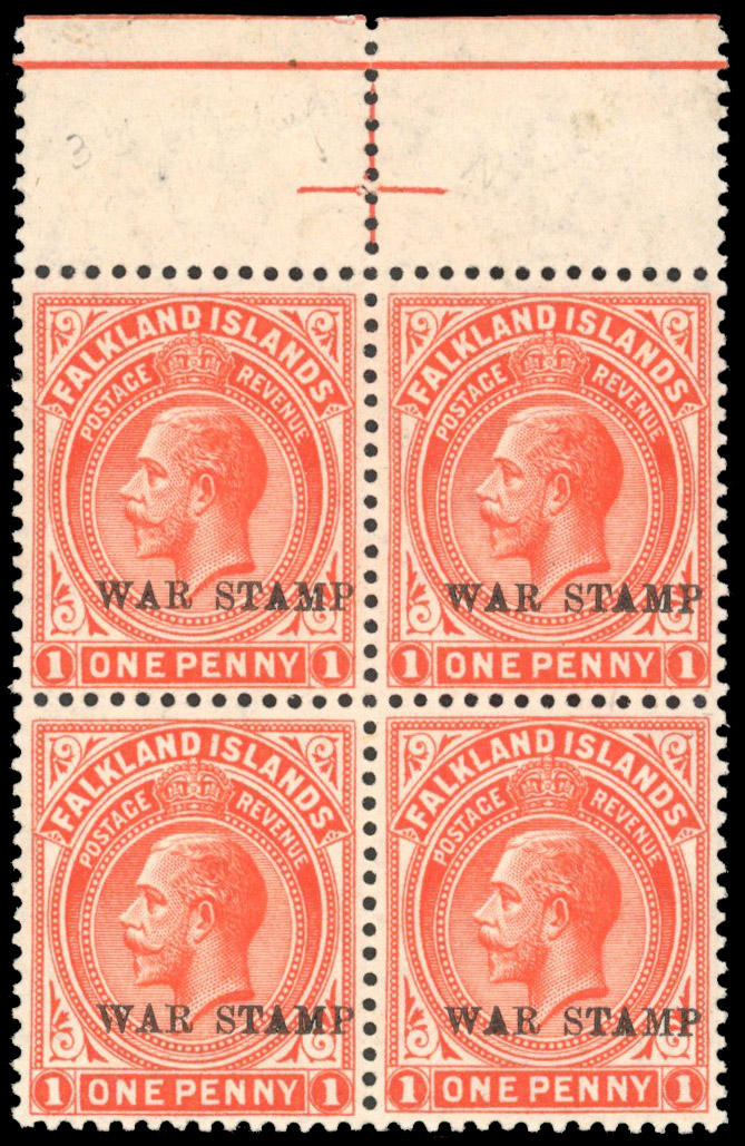 Falkland Is SG 71d 1920 War Tax 1d thick greyish paper block mint
