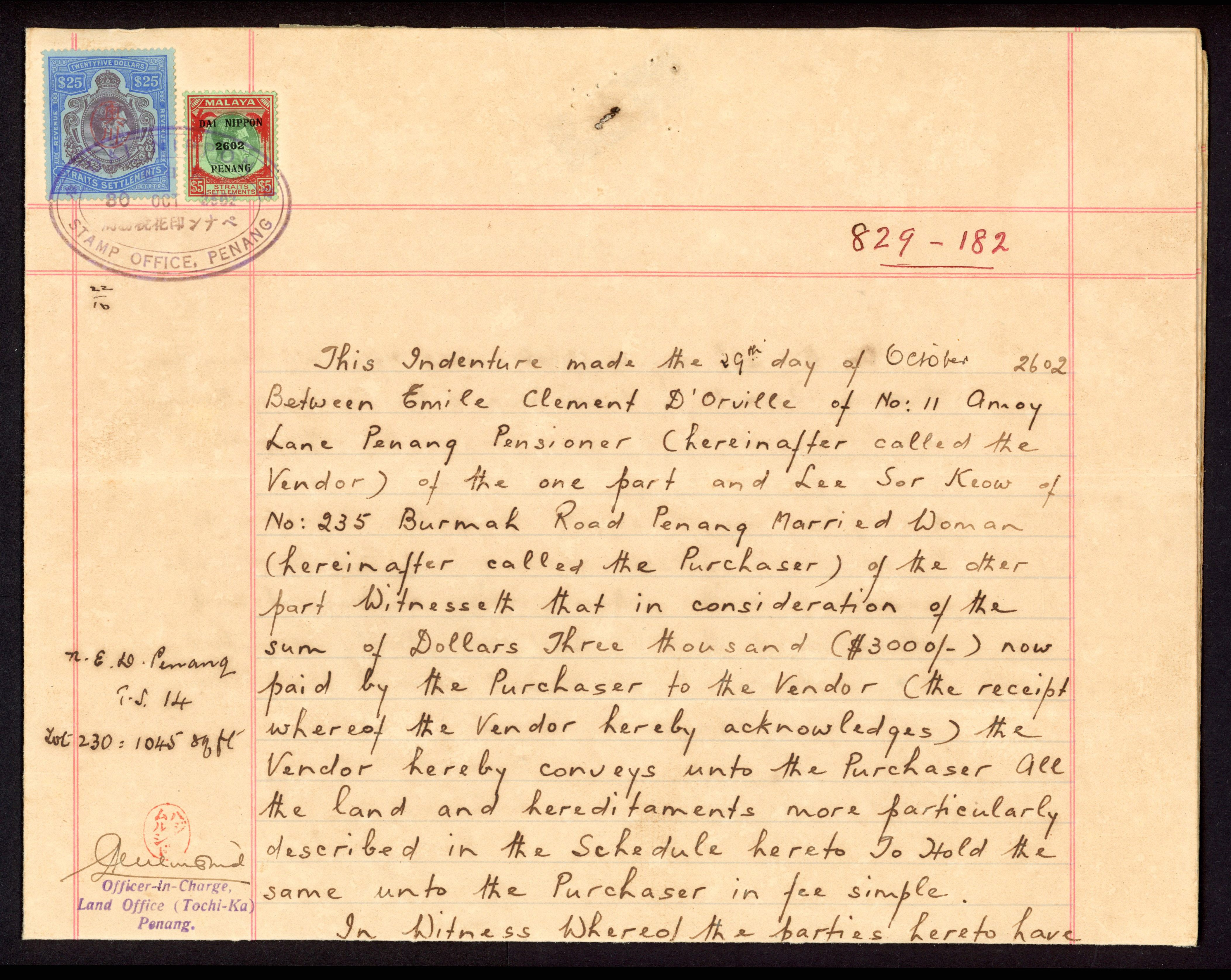 Jap Occ Straits Revenue 1938 KG VI $25 on document