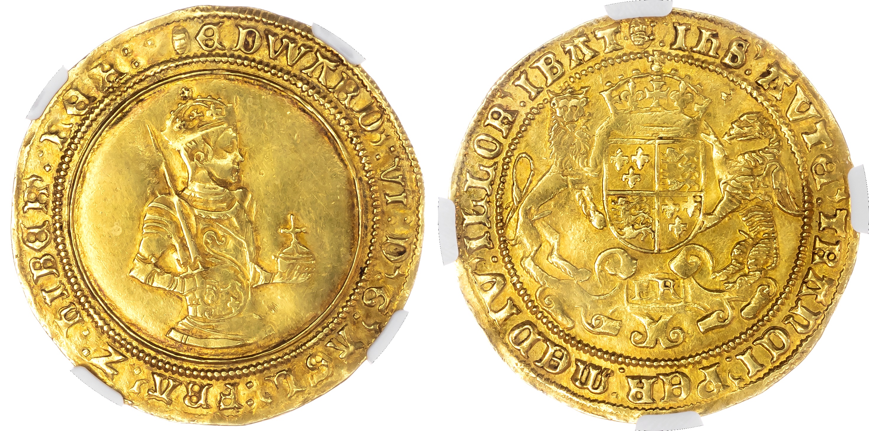 Edward VI (1547-53), Sovereign of twenty-shillings, third period, mintmark tun (1551-53), half-length figure of King right,